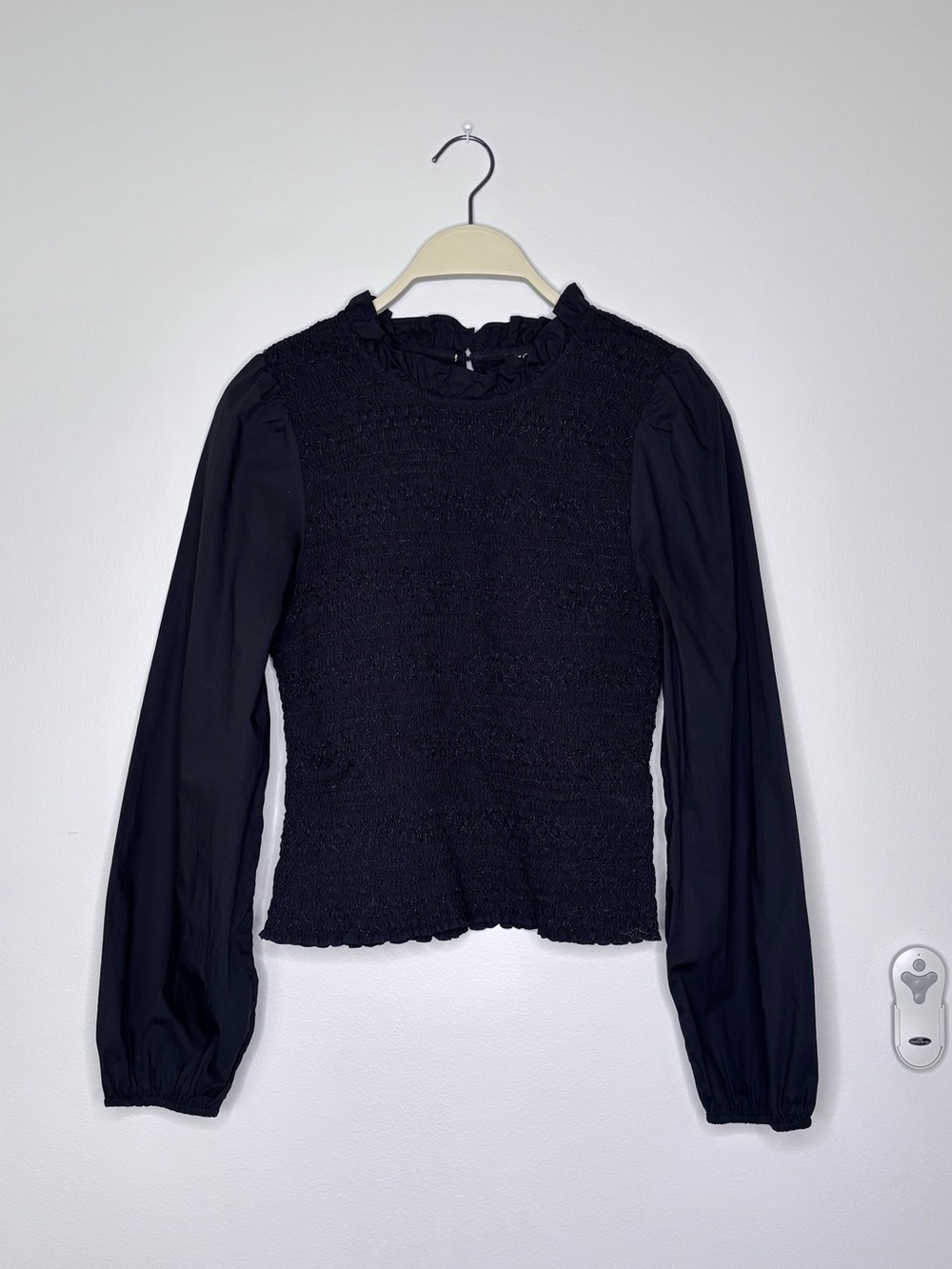 J. Crew Black Smocked Bodice Long Sleeve Top
